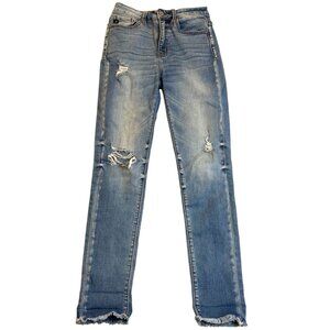 KanCan Women's Jeans 3/25 Distressed High-Rise Skinny Blue Denim Frayed Hem